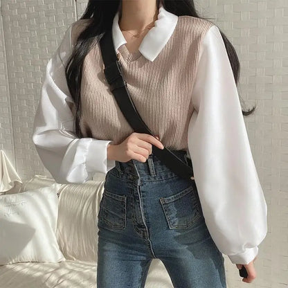 False Two-piece Polo Collar Women's Blouse Spring Casual Korean Shirt Y2k Tops Streetwear Loose Female Pullovers Elegant Blouses