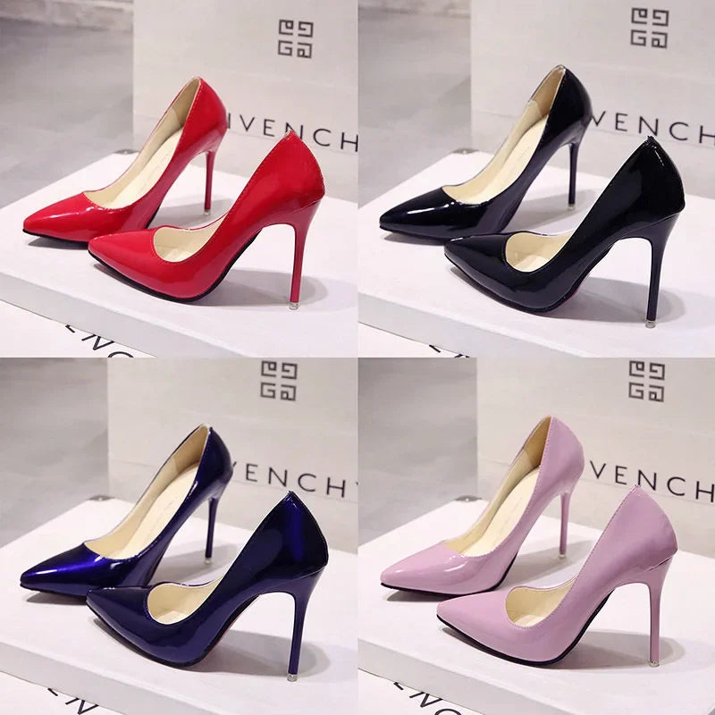 New Solid Color Pumps Women High Heel Shoes Female Fashion Patent Leather Sexy Pointed Toe Thin Heel Wedding Shoes Size 44