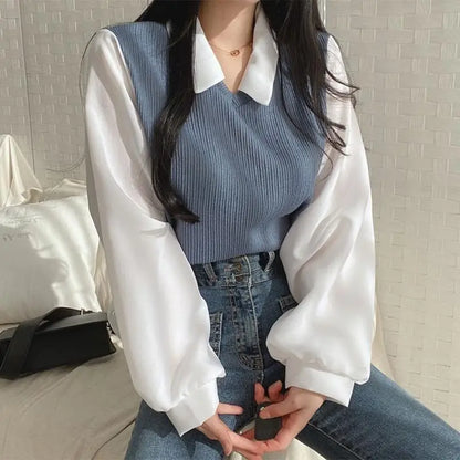 False Two-piece Polo Collar Women's Blouse Spring Casual Korean Shirt Y2k Tops Streetwear Loose Female Pullovers Elegant Blouses