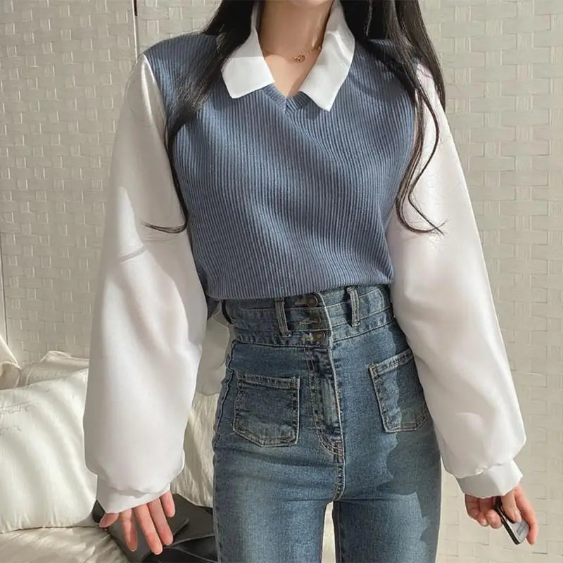 False Two-piece Polo Collar Women's Blouse Spring Casual Korean Shirt Y2k Tops Streetwear Loose Female Pullovers Elegant Blouses