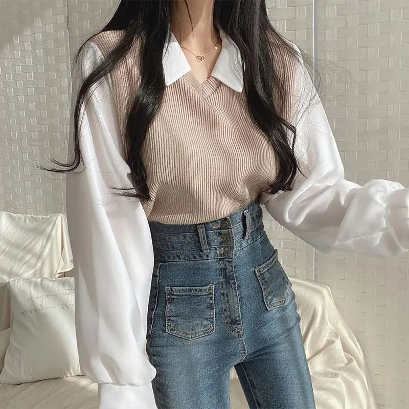 False Two-piece Polo Collar Women's Blouse Spring Casual Korean Shirt Y2k Tops Streetwear Loose Female Pullovers Elegant Blouses